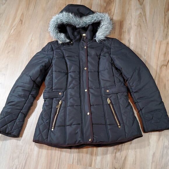 🔹️Intl Details Black Faux Fur Hooded Lined Puffer Jacket Medium - Picture 1 of 13